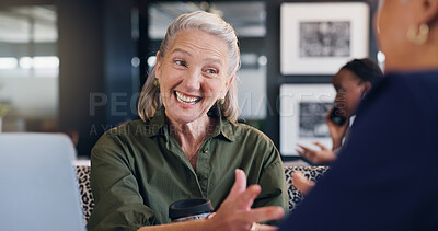 Buy stock photo Mature woman, happy and meeting in cafe with team discussion, project management and positive feedback. Strategy, collaboration and excited for business proposal,  out of office planning and advice