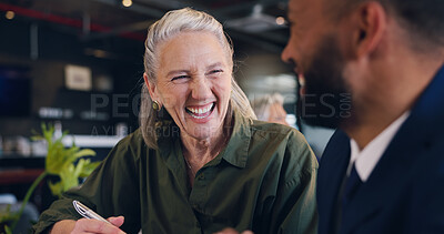 Buy stock photo Business people, laughing and meeting with discussion for collaboration, communication and positive feedback. Strategy, team and project management for funny conversation, review or advice with plan