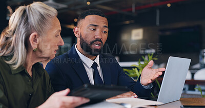 Buy stock photo Business people, laptop and meeting with discussion for collaboration, communication and feedback. Strategy, teamwork and project management for online analysis, research or plan together with tablet