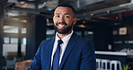 Business man, portrait and confident smile in office for legal advice, corporate defender or advocate. Male employee, attorney or lawyer as professional consultant for career growth, pride or justice