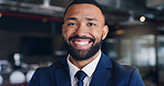 Portrait, business man and confident smile in office for legal advice, corporate defender or advocate. Male employee, attorney or lawyer as professional consultant for career growth, pride or justice
