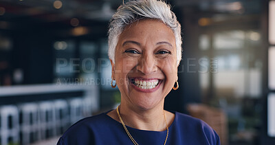 Buy stock photo Business woman, portrait and confident smile in office for legal advice, corporate defender or advocate. Mature employee, attorney or lawyer as professional consultant for growth, pride or justice