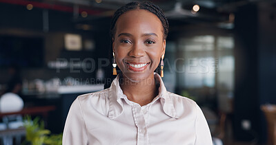 Buy stock photo Black woman, business portrait and confident smile in office for legal advice, corporate or advocate. Happy employee, attorney or lawyer as professional consultant for growth, pride or justice
