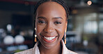 Black woman, portrait and lawyer in office for legal advice, corporate business or advocate. Happy employee, government attorney or professional consultant for growth, career pride or justice