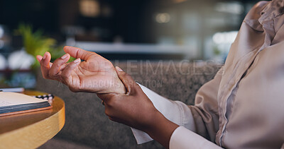 Buy stock photo Hands, wrist pain and business person with injury at office, carpal tunnel syndrome or corporate writer with ache. Inflammation, pressure or tension with arthritis or professional employee burnout