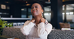 Black woman, neck pain and burnout with remote work in restaurant, spine injury or bad posture. Tired, overworked and muscle tension, corporate professional in bistro with fibromyalgia or discomfort