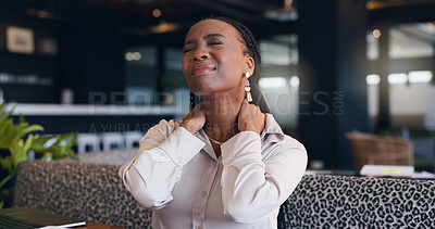 Buy stock photo Black woman, neck pain and burnout with remote work in restaurant, spine injury or bad posture. Tired, overworked and muscle tension, corporate professional in bistro with fibromyalgia or discomfort