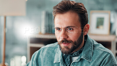 Buy stock photo Thinking, face and businessman in office with creative ideas, research and brainstorming for project management. Professional, company designer or man with problem solving for startup entrepreneur