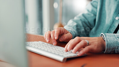 Buy stock photo Hands, keyboard and typing with person in office, story draft or article writing with research. Closeup, computer and copywriting, review writer at desk or email feedback with employee in publishing