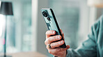 Hands, business person and phone with internet connection for networking, communication or email. Employee, man and technology for social media, search and message online with platform access