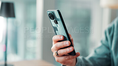 Buy stock photo Hands, business person and phone with internet connection for networking, communication or email. Employee, man and technology for social media, search and message online with platform access