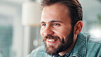 Smile, face and man in office with creative ideas, research and brainstorming for company project management. Thinking, designer or happy businessman with problem solving for startup entrepreneur