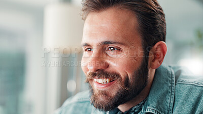 Buy stock photo Smile, face and man in office with creative ideas, research and brainstorming for company project management. Thinking, designer or happy businessman with problem solving for startup entrepreneur