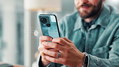 Buy stock photo Hands, business person and typing on phone with internet connection for networking, communication or email. Employee, man and technology for social media, search and message with online platform