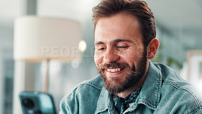 Buy stock photo Man, phone and smile for funny social media post, communication or meme online on work break. Relax, happy and male employee on mobile app for chat, notification or reading digital comic or ebook