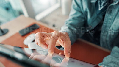 Buy stock photo Hands, business man and touch tablet for internet connection for networking, communication or media. Employee, person and technology for closeup, search and planning online with digital ui or ux