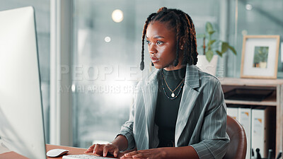 Buy stock photo Office, black woman and typing with computer for information, reading news and editor for publication. Flare, female person and journalist with digital for business blog, copywriting and research