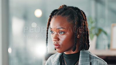 Buy stock photo Computer, thinking and black woman in office with ideas, decision or choice for stock market investment. Technology, business and African financial advisor with online company report in workplace.