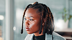 Computer, confused and black woman in office with ideas, decision or doubt for stock market investment. Technology, thinking and African financial advisor with online company report in workplace.