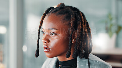 Buy stock photo Thinking, confused and black woman in office with ideas, decision or doubt for stock market investment. Problem solving, brainstorming and African financial advisor with finance project in workplace.