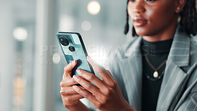 Buy stock photo Hands, business woman and typing with phone on internet connection for networking, communication or email. Employee, person and technology for social media, search and message with online platform
