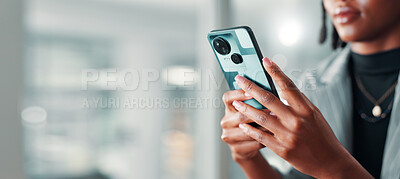 Buy stock photo Hands, business woman and phone in office with internet connection for networking, communication or email. Employee, person and technology for typing on social media, search and mockup space