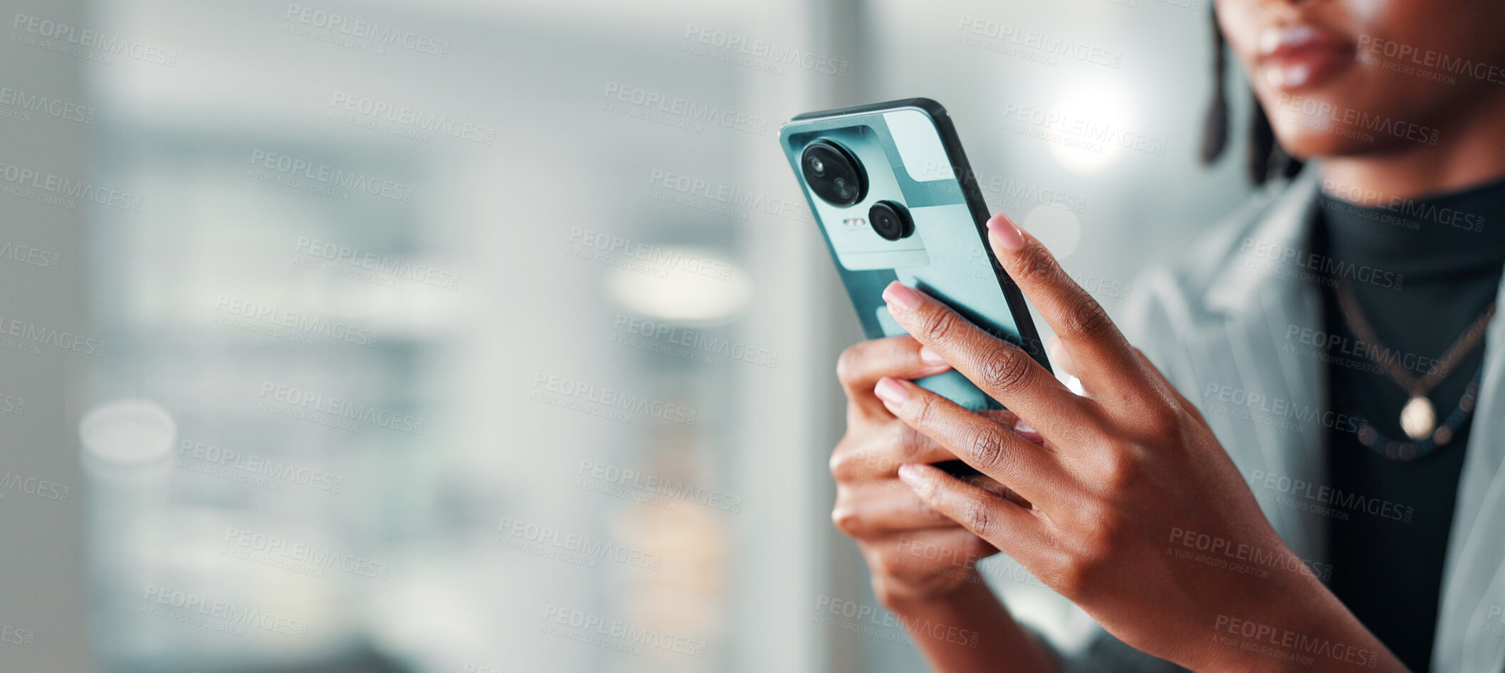 Buy stock photo Hands, business woman and phone in office with internet connection for networking, communication or email. Employee, person and technology for typing on social media, search and mockup space