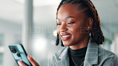 Buy stock photo Black woman, phone and smile for social media post, communication or meme online on work break. Relax, happy and female employee on mobile app for chat, notification or reading digital ebook or email