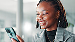 Black woman, phone and smile for funny social media post, communication or meme online on work break. Relax, happy and female employee on app for chat, notification or reading digital comic or ebook
