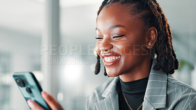 Buy stock photo Black woman, phone and smile for funny social media post, communication or meme online on work break. Relax, happy and female employee on app for chat, notification or reading digital comic or ebook
