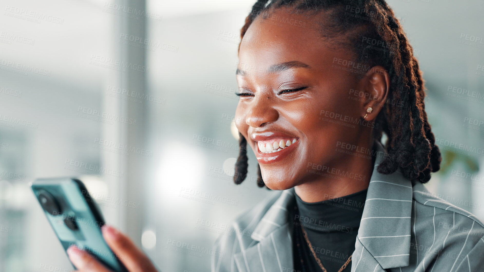 Buy stock photo Black woman, phone and smile for funny social media post, communication or meme online on work break. Relax, happy and female employee on app for chat, notification or reading digital comic or ebook
