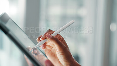 Buy stock photo Tablet, stylus and hands of woman for creative project, cartoon illustrator and drawing with closeup in office. Space, art and tech, animator for digital comic and graphic design at media startup