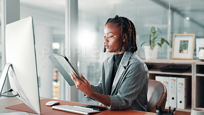 Buy stock photo Office, black woman and reading with tablet for business, digital agency and connection for email. Workplace, female person and consultant with technology for startup information, report and research