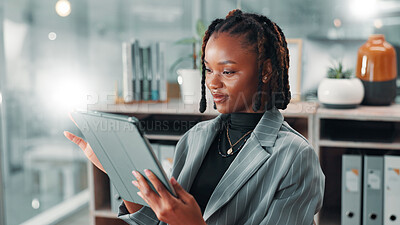 Buy stock photo Business, black woman and tablet with internet connection for networking, communication or email. Employee, person and technology for bokeh, search and planning online with digital data access