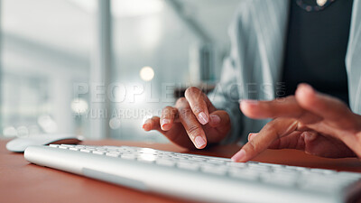 Buy stock photo Hands, keyboard and typing with writer in office, story draft or article writing with person in workplace. Closeup, computer and copywriting, review or email feedback with employee in publishing