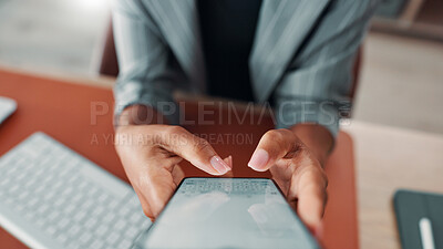 Buy stock photo Hands, business woman and phone screen with internet connection for networking, communication or email. Employee, person and above technology for typing, search and planning online with ui or ux
