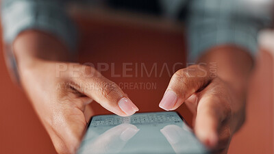Buy stock photo Business woman, hands and typing on phone screen with internet connection for networking communication. Employee, person and technology closeup for email, search and planning online with ui or ux