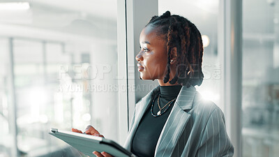 Buy stock photo Black woman, business and thinking with tablet for idea, brainstorming or networking. Opportunist, person and tech for problem solving notes, research and reflection by glass or space for future