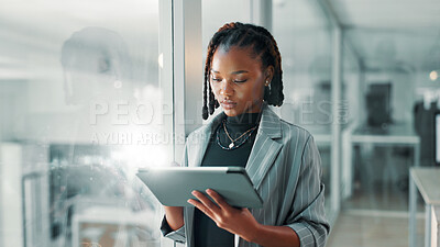 Buy stock photo Tablet, black woman and business communication with internet connection, networking or email. Employee, person and technology for space, search and planning online with corporate digital data