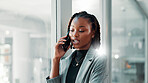 Black woman, office and window with phone call for business discussion, proposal or negotiation. Female person, lawyer or attorney talking with mobile smartphone for conversation or chat at workplace