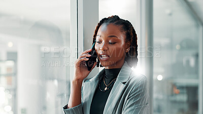 Buy stock photo Black woman, office and window with phone call for business discussion, proposal or negotiation. Female person, lawyer or attorney talking with mobile smartphone for conversation or chat at workplace