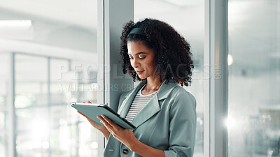Buy stock photo Business, african woman and tablet with internet connection for networking, communication or email. Employee, person and technology for space, search and planning online with digital data access