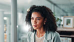 Office, businesswoman and reading with computer for information, news and editor for publication. Career, female person and journalist with digital for blog solution, copywriting and editing article