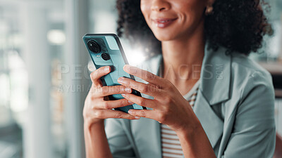 Buy stock photo Hands, phone and person with social media business, communication or meme online on work break. Relax, smile and female employee on mobile app for digital chat, notification or reading ebook or email