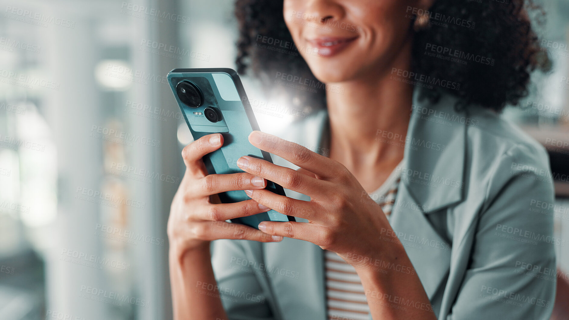Buy stock photo Hands, phone and person with social media business, communication or meme online on work break. Relax, smile and female employee on mobile app for digital chat, notification or reading ebook or email