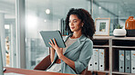 Business, african woman and tablet in office with internet connection for accounting, communication or email. Employee, person and technology for finances, accounts and online payroll review