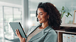 African woman, business and tablet with internet connection for socila media, communication or email. Employee, person and technology for review, search and planning online for launch of app idea