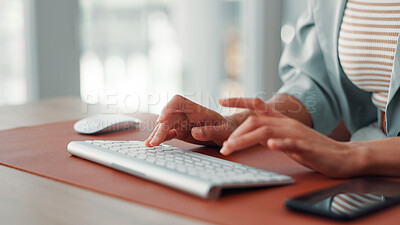 Buy stock photo Hands, keyboard and typing with woman in office, story draft or article writing at desk. Closeup, computer and copywriting, review writer or email feedback with female employee at publishing startup