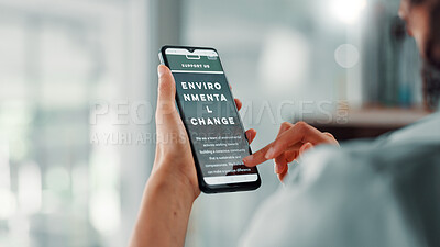 Buy stock photo Person, hands and research with phone screen for environmental change, website or homepage at office. Closeup, employee or user with mobile smartphone display for ecology app or sustainable future