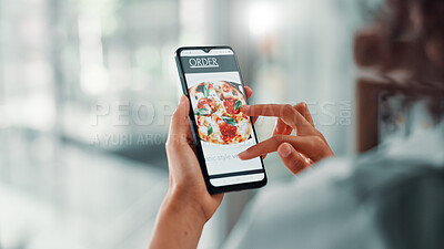 Buy stock photo Business, hands and phone screen for food delivery order with menu option, online shopping and lunch break. Woman, space and scroll with smartphone for pizza app and brunch takeout choice in office